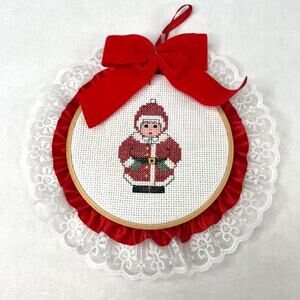 Vintage Handmade Mrs. Claus Cross Stitch Hoop Art